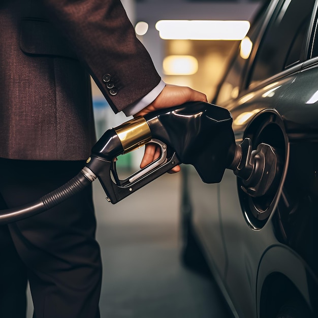 Un homme fait le plein d'essence dans une voiture.