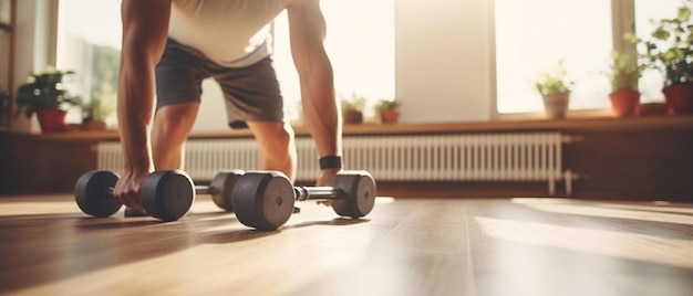 un homme fait des pompes sur un sol en bois avec un radiateur en arrière-plan