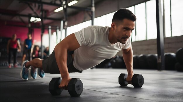 Photo un homme fait des push-up avec un haltère au gymnase crossfit