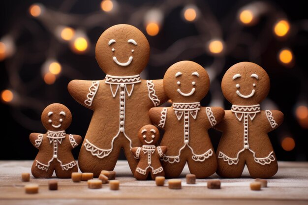 Photo homme de famille au pain d'épice et enfants sur un fond flou concept de noël