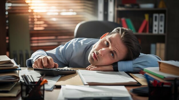 Un homme fatigué allongé sur un bureau avec une calculatrice.