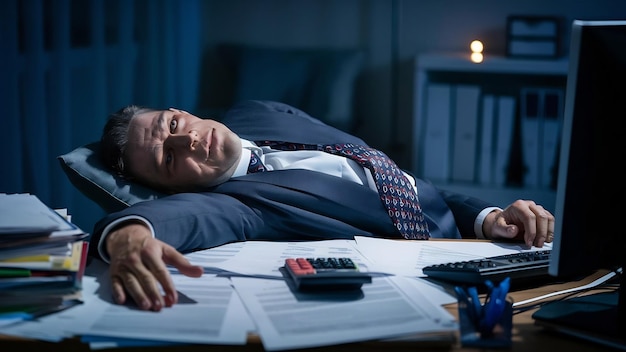 Photo un homme fatigué allongé sur un bureau avec une calculatrice.