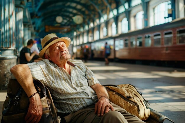 homme fatigué attendant dans la gare l'heure d'attente pour le départ