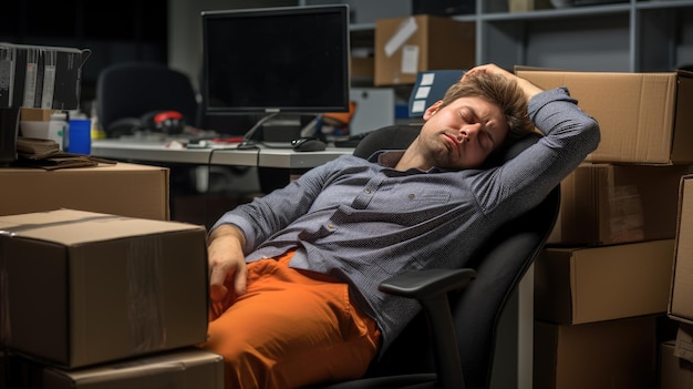 Un homme fatigué du travail dort à son bureau au bureau.