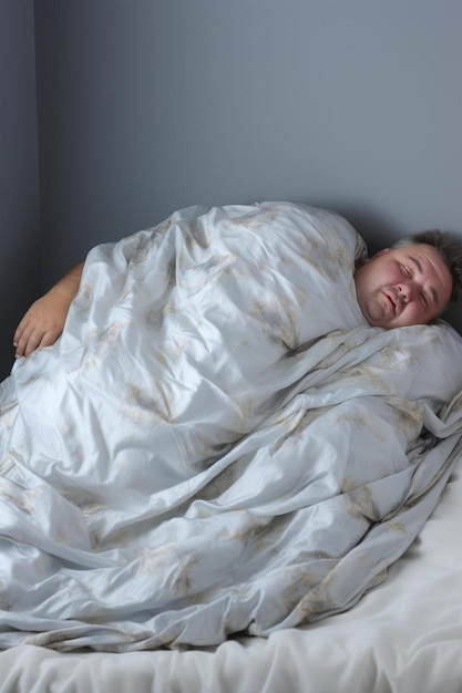 L'homme fatigué et paresseux dort sur un fond gris.