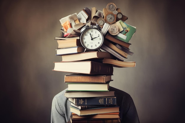 Homme fatigué avec un stock de livres chaos de papiers et d'horloge généré par l'IA