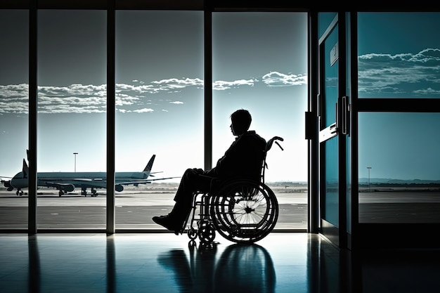 Homme en fauteuil roulant en attente de vol avec vue sur le terminal de l'aéroport très fréquenté