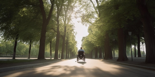 Un homme en fauteuil roulant conduit sur une route dans un parc.