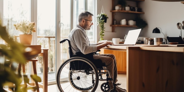 Un homme en fauteuil roulant dans un bureau à domicile