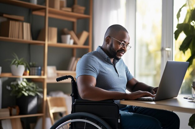 Un homme en fauteuil roulant dans un bureau à domicile