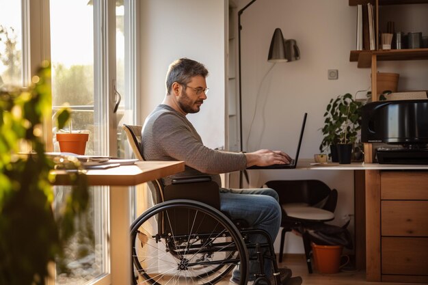 Un homme en fauteuil roulant dans un bureau à domicile