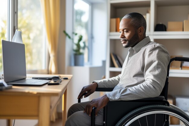 Un homme en fauteuil roulant dans un bureau à domicile