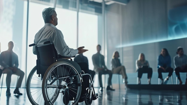 Un homme en fauteuil roulant dirigeant une discussion de groupe diversifiée dans un bureau moderne