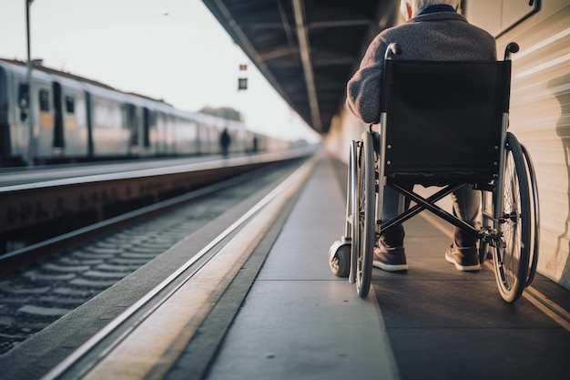 Un homme en fauteuil roulant est assis sur un quai dans une gare.