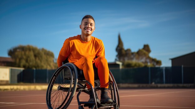 Un homme en fauteuil roulant joue au basket-ball sur un terrain en plein air