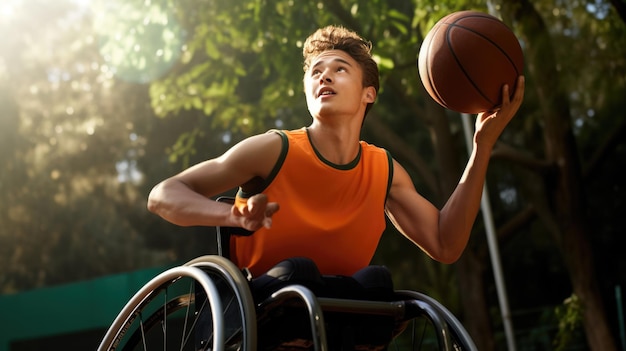 Un homme en fauteuil roulant joue au basket-ball sur un terrain en plein air