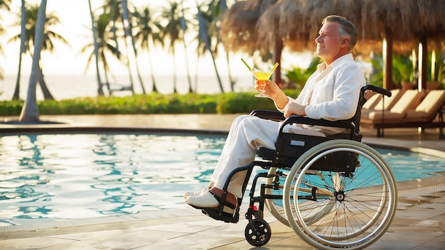 un homme en fauteuil roulant lit une tablette et est assis à côté d'une piscine