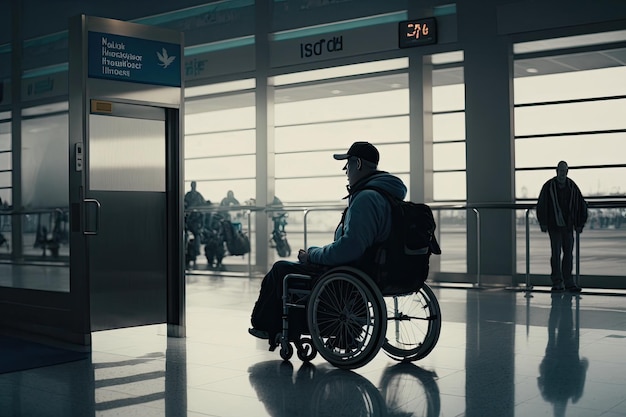 Homme en fauteuil roulant passant devant le point de contrôle de sécurité à l'aéroport avec bagages et sac à dos à l'arrière