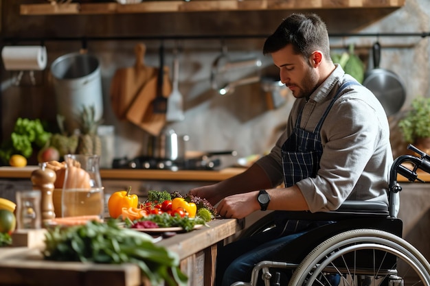 Un homme en fauteuil roulant prépare un repas sain dans la cuisine