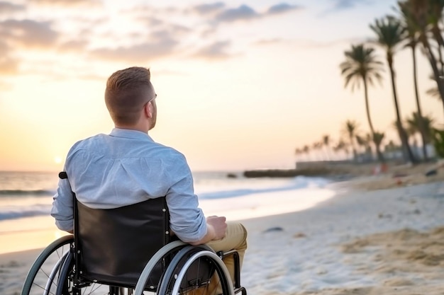 Un homme en fauteuil roulant regarde l'océan