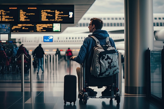 Homme en fauteuil roulant avec sac à dos et sac de voyage arrivant au terminal de l'aéroport très fréquenté