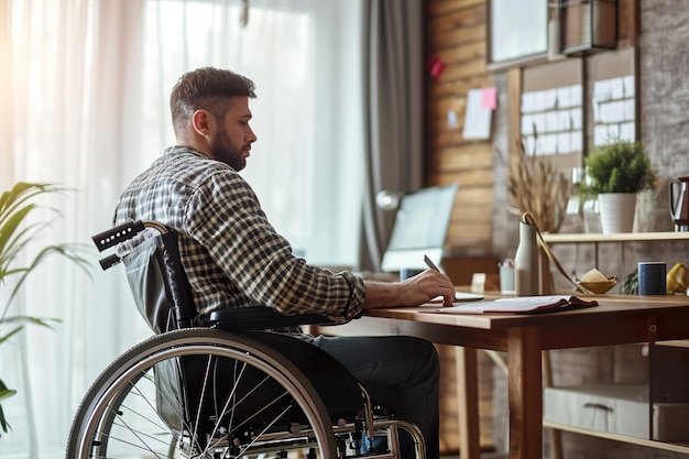 homme en fauteuil roulant travaillant au bureau