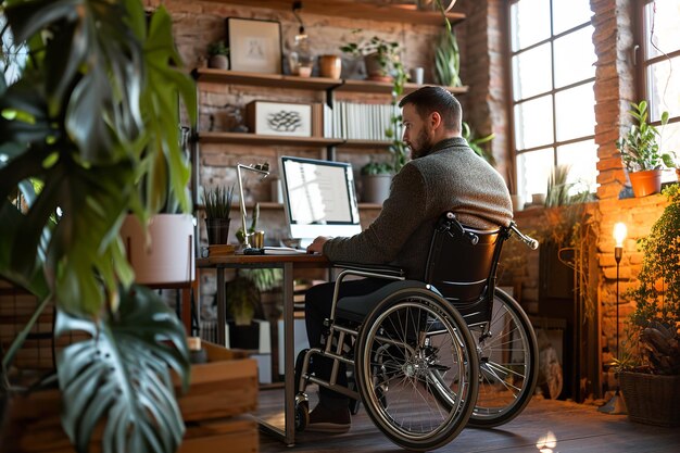 homme en fauteuil roulant travaillant au bureau