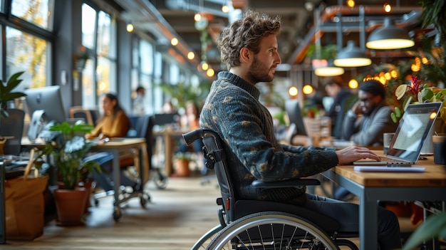 Un homme en fauteuil roulant travaille sur un ordinateur portable au bureau.