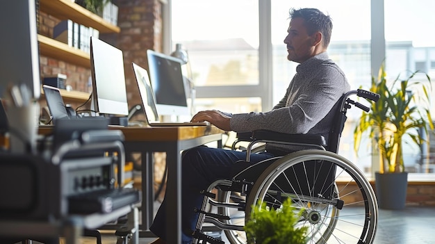 Un homme en fauteuil roulant travaille sur un ordinateur portable au bureau.