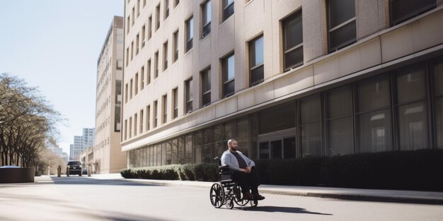 Un homme en fauteuil roulant traverse la rue devant un immeuble.