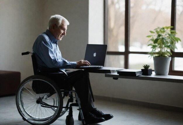 Photo un homme en fauteuil roulant utilisant un ordinateur portable