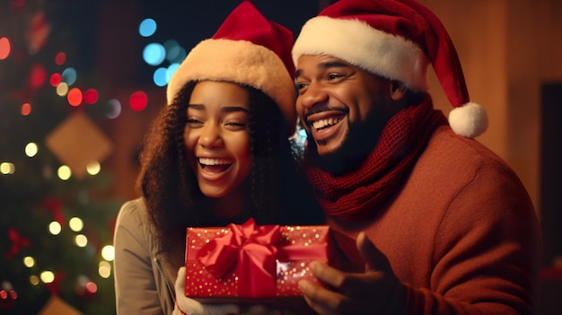 Photo un homme et une femme afro-américains souriants tiennent une boîte à cadeaux rouge dans le salon pour noël.