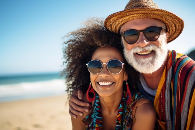 Un homme et une femme d'âge moderne heureux dans des lunettes de soleil s'embrassant sur la plage