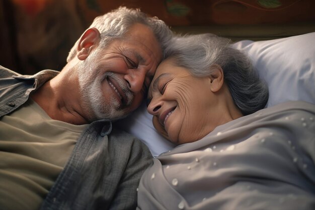 Photo un homme et une femme âgés, un couple amoureux, allongés confortablement dans le lit.