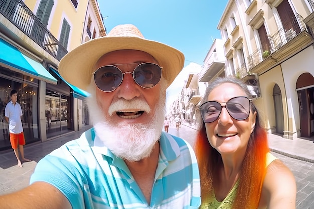 Un homme et une femme âgés marchent ensemble en souriant et en s'amusant AI générative