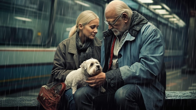 Un homme et une femme assis sur un banc avec un chien Image AI générative