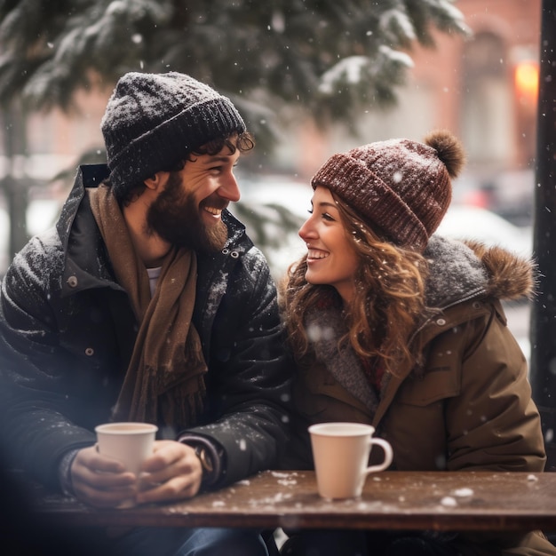 Un homme et une femme assis sur un banc ensemble buvant du chocolat chaud et regardant tomber la neige
