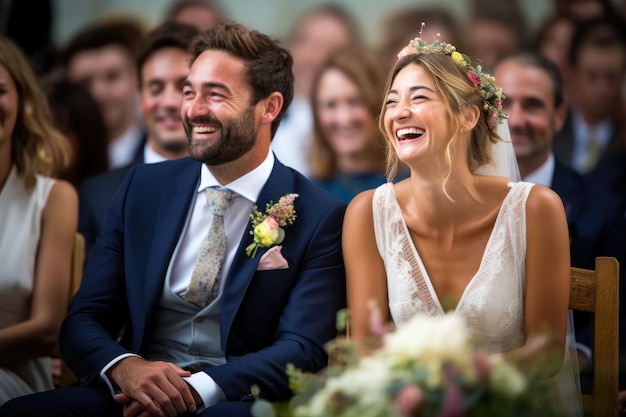 Un homme et une femme assis côte à côte profitant d'une célébration de mariage Photographie de mariage heureuse de la mariée et du marié lors de la cérémonie de mariage générée par l'IA