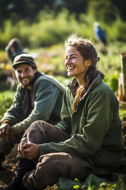 un homme et une femme assis dans un champ