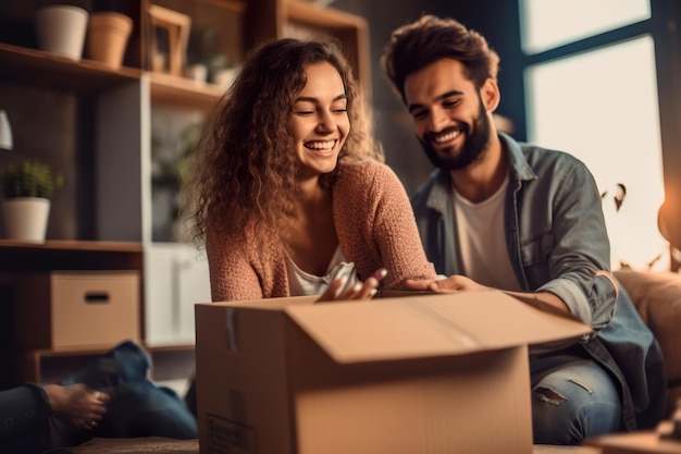 Un homme et une femme assis sur le sol avec une image ai générative de boîte en carton