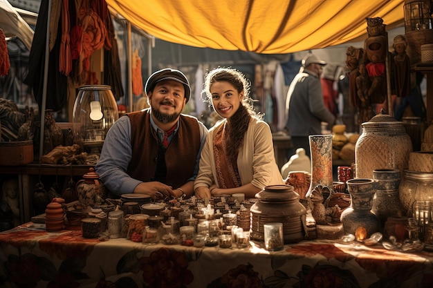 Un homme et une femme assis à une table avec des jarres