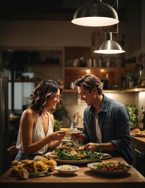 un homme et une femme assis à une table mangeant de la nourriture ensemble dans une cuisine