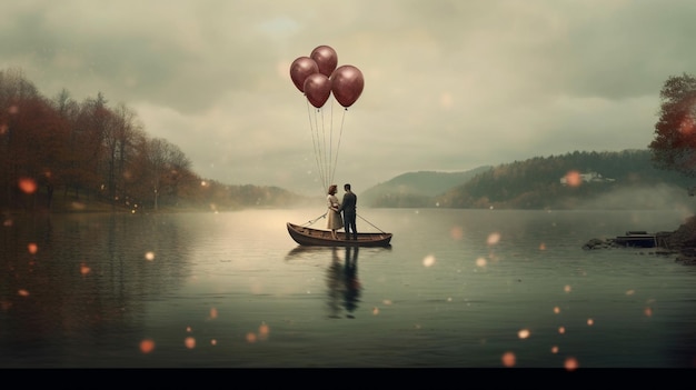 Un homme et une femme sur un bateau avec des ballons flottant sur l'eau.