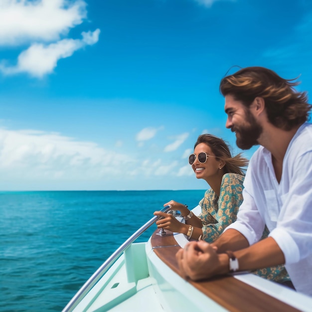 Un homme et une femme sur un bateau face à la mer.