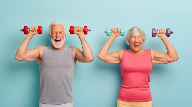 Photo un homme et une femme blancs seniors faisant de l'exercice avec des haltères.