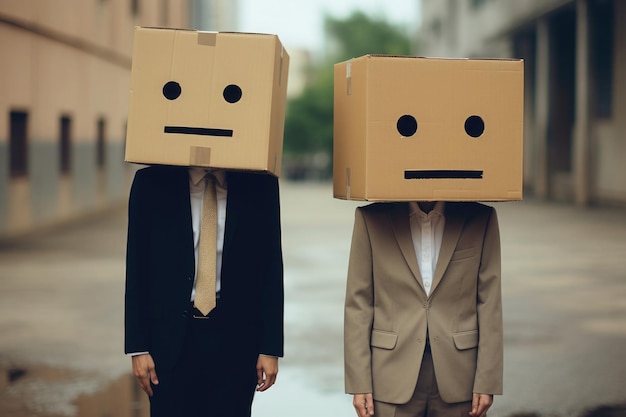 Homme et femme avec des boîtes en carton sur la tête IA générative