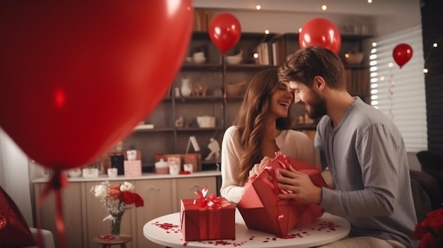un homme et une femme avec un cadeau dans une boîte à cadeaux avec des ballons en forme de cœur rouge à la maison