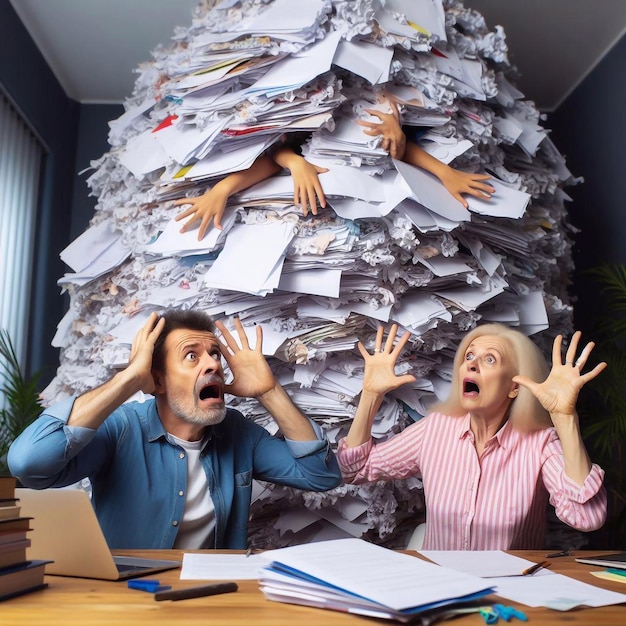 Photo un homme et une femme d'une cinquantaine d'années effrayés par une énorme pile de papiers et de devoirs scolaires.