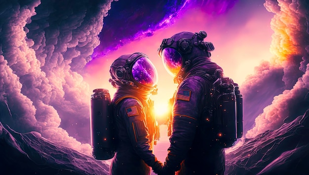 Un homme et une femme en combinaisons spatiales blanches et de grands casques de verre se tenant la main avec une nébuleuse en arrière-plan