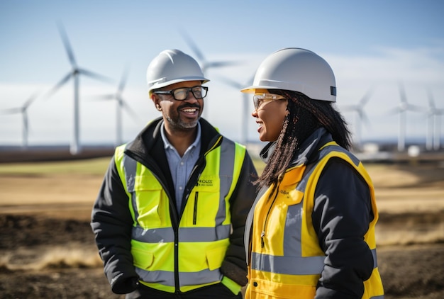 Un homme et une femme de construction avec des gants de travail regardent l'éolienne devant eux